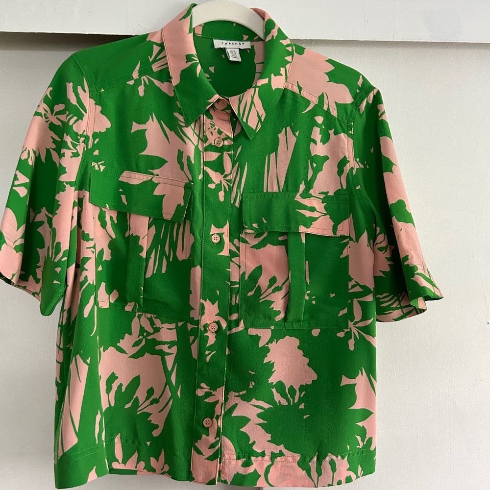 TOPSHOP Camp Shirt Pink/Green Abstract floral (ish) print, US Sz 8 Never Worn